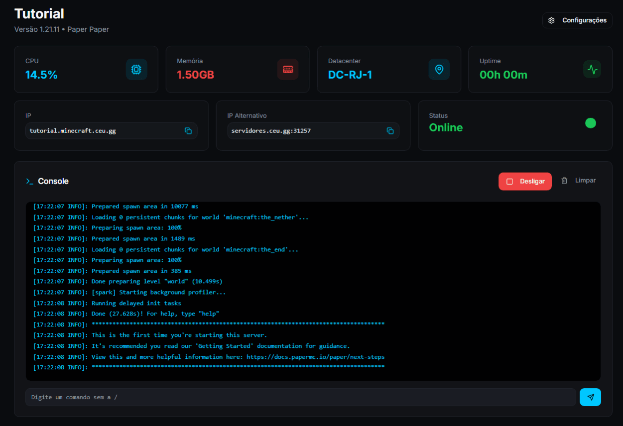Aba Console e/ou Logs mostrando o final do boot.