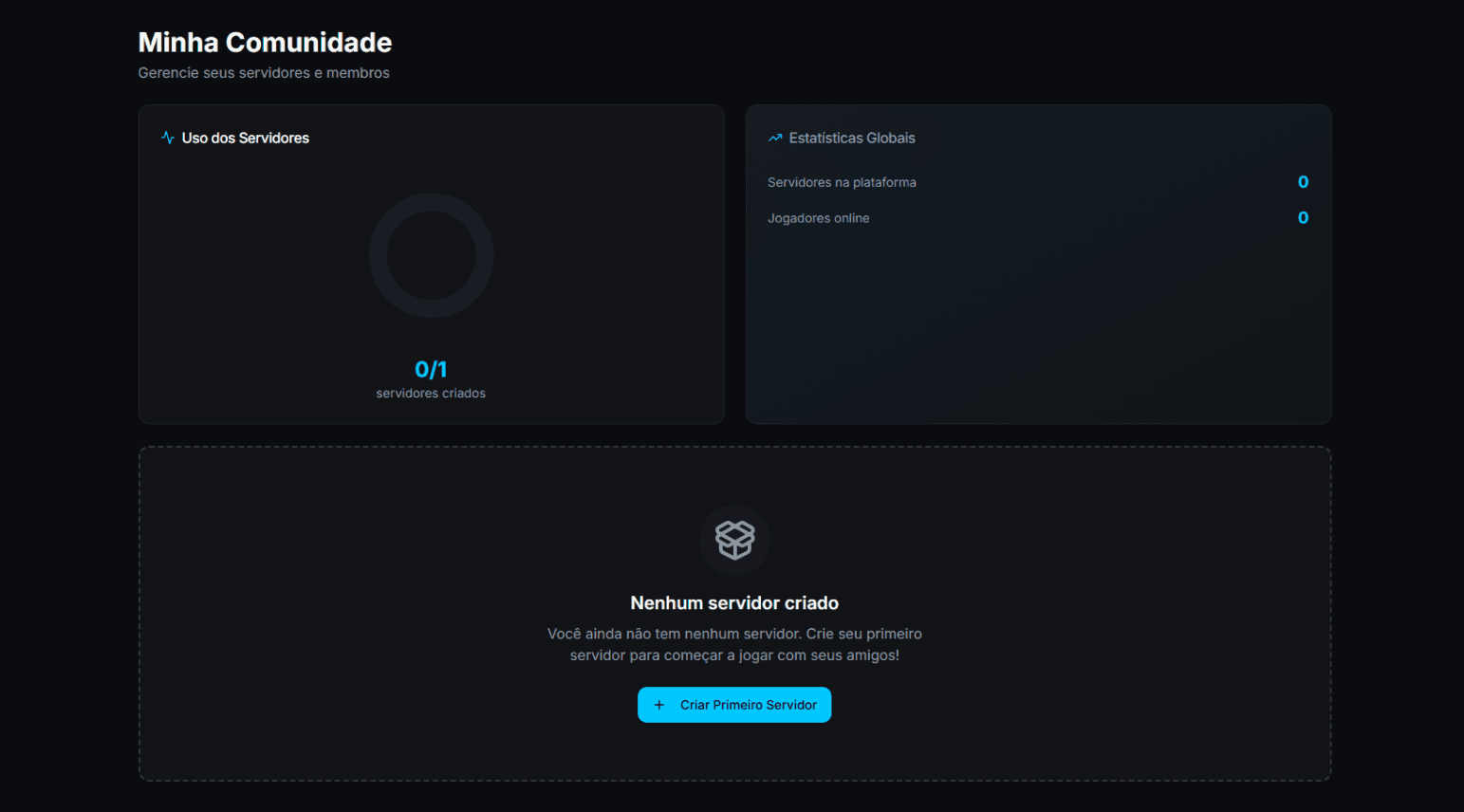 Comunidade (dashboard) com o botão "Criar servidor" visível.
