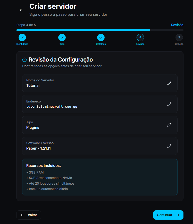 Wizard — etapa Detalhes (Release/Snapshot e seletor de versão, ou Paper/Purpur e versão).