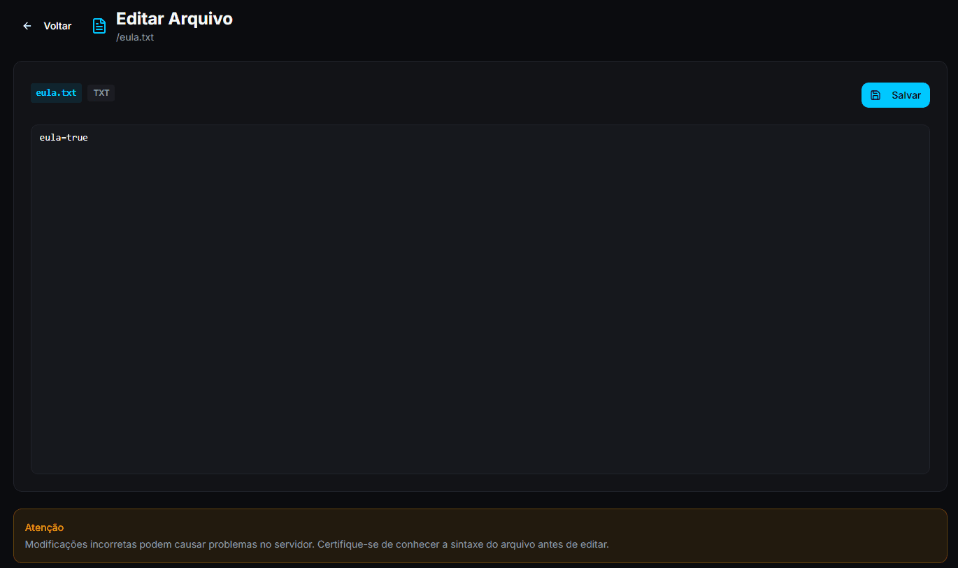 Configurações → Arquivos com o eula.txt aberto + botão Salvar.