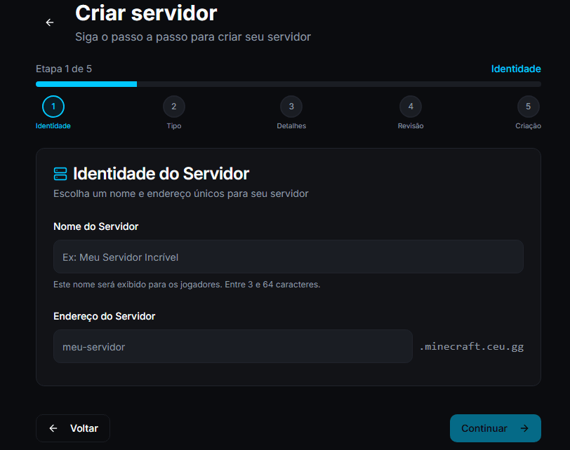 Wizard — etapa Identidade (campo de nome e subdomínio).