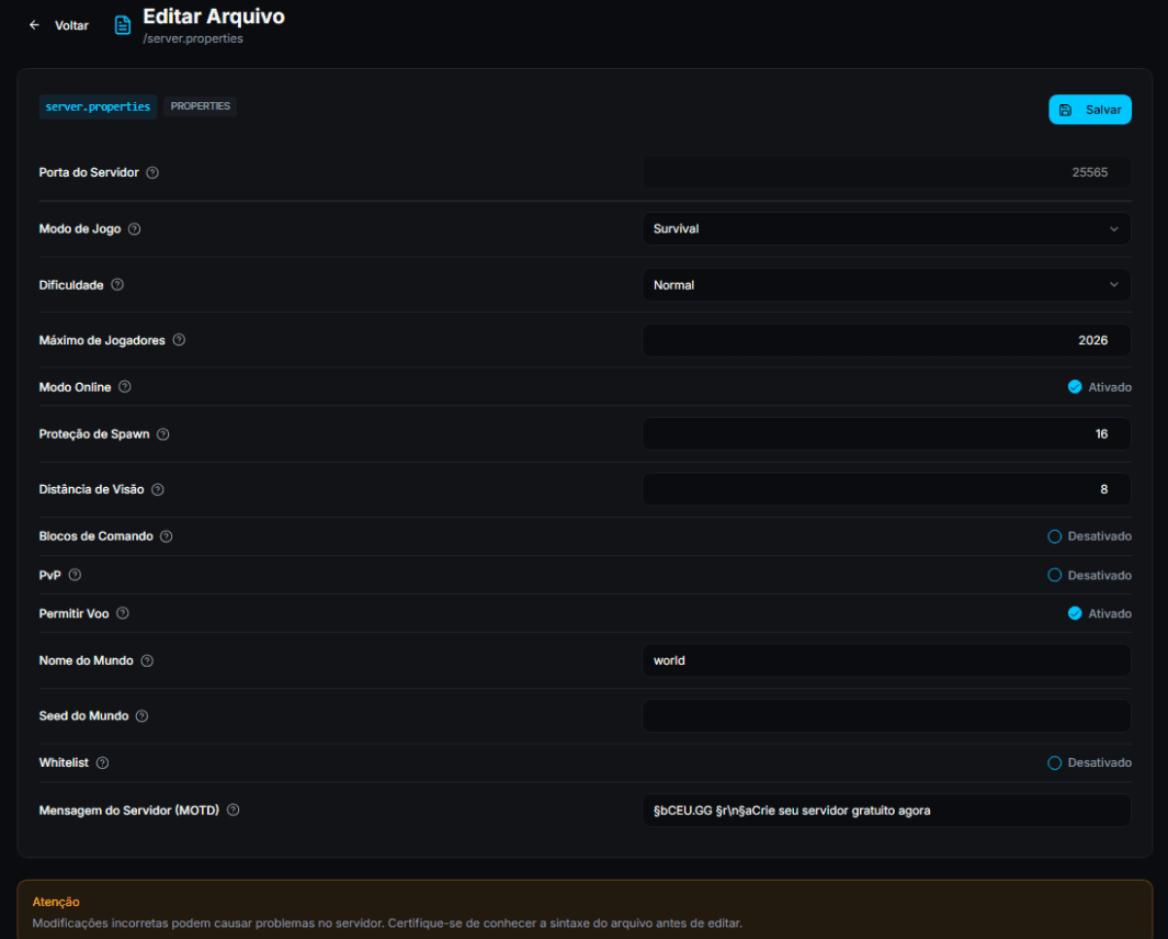 Configurações → Geral (MOTD, dificuldade, PVP, view-distance, whitelist).