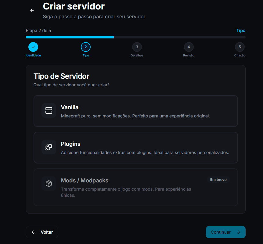 Wizard — etapa Tipo (opções Vanilla vs Plugins/Paper).