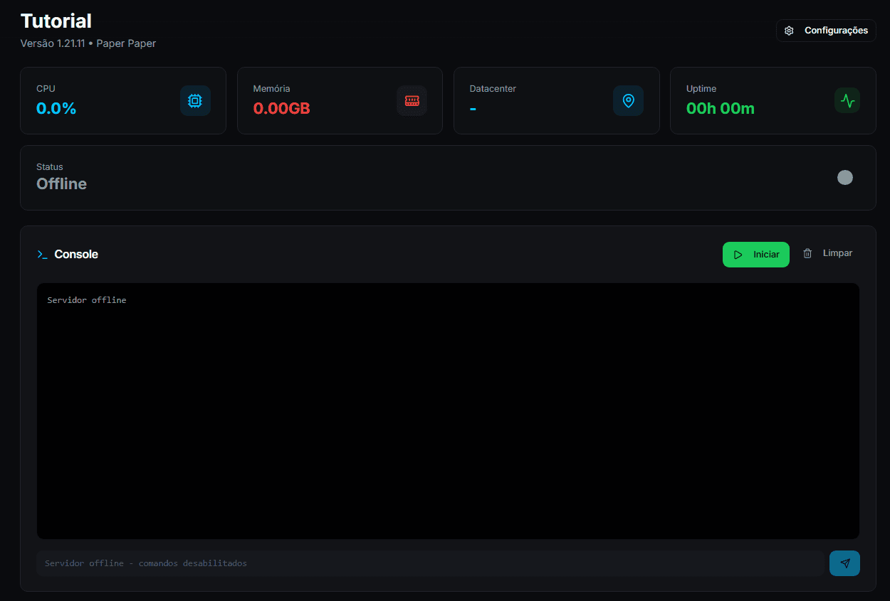 Tela do servidor com botão "INICIAR" e o status mudando para Online.